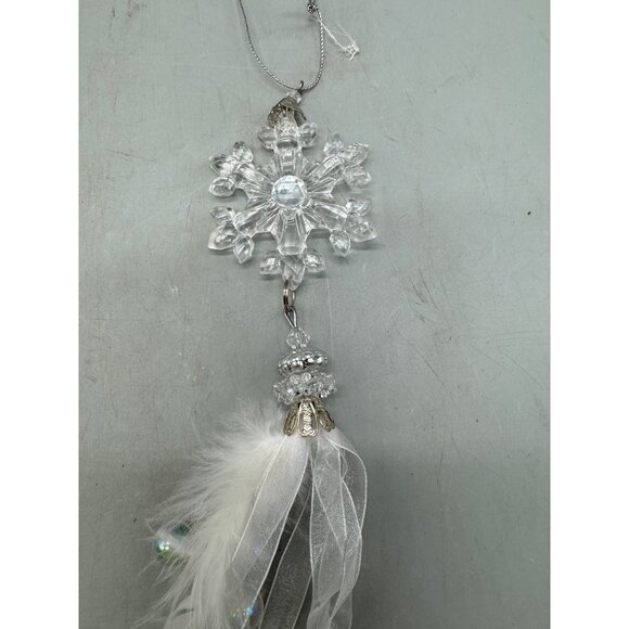 set of 2 plastic Snowflake Hanging Ornament With Feathers & Iridescent Beads - Picture 4 of 12